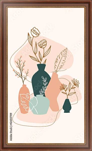 Постер Композиция с листьями растений и цветов и абстрактными вазами 2 с типом исполнения На холсте в раме в багетной раме 35-M719P-83