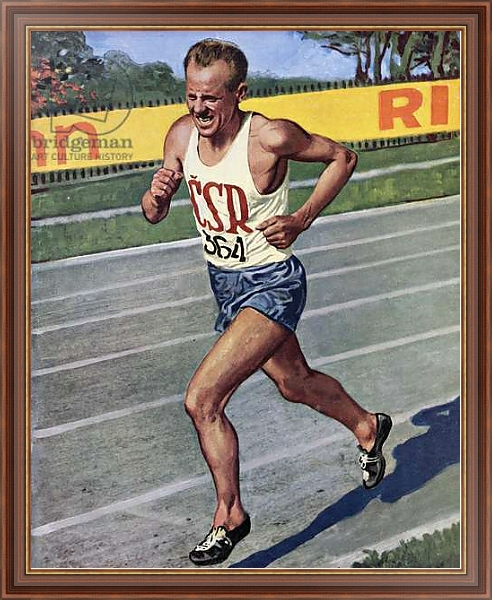 Постер Emil Zatopek of Czechoslovakia, Olympic Gold medalist in the 10,000 m. race at the 1948 London Olympics с типом исполнения На холсте в раме в багетной раме 35-M719P-83