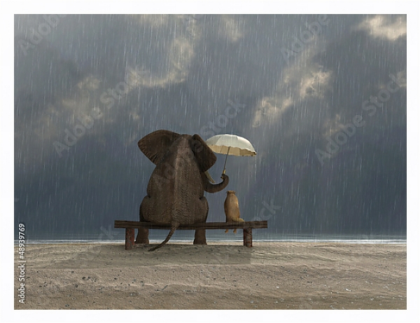 Постер Слон и собака под зонтом с типом исполнения На холсте в раме в багетной раме 221-03