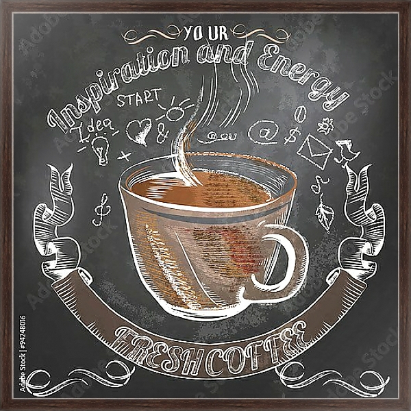 Постер Кофейный плакат мелом с чашкой кофе с типом исполнения На холсте в раме в багетной раме 221-02