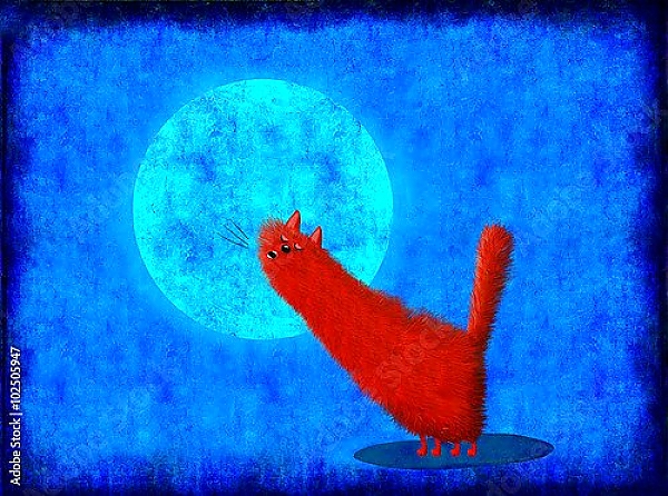 Постер Красный кот воет на луну с типом исполнения На холсте без рамы
