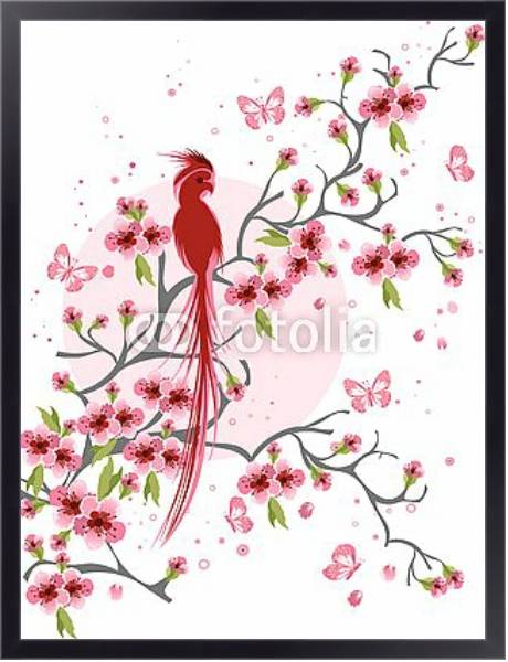 Постер Попугай на ветке цветущей вишни с типом исполнения На холсте в раме в багетной раме 221-01