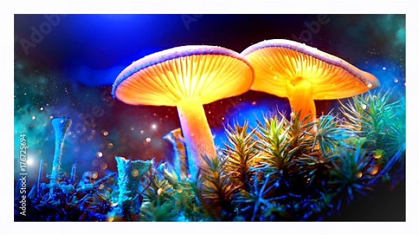 Постер Два светящихся гриба в загадочном темном лесу с типом исполнения На холсте в раме в багетной раме 221-03