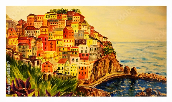 Постер Городок на скале у моря с типом исполнения На холсте в раме в багетной раме 221-03