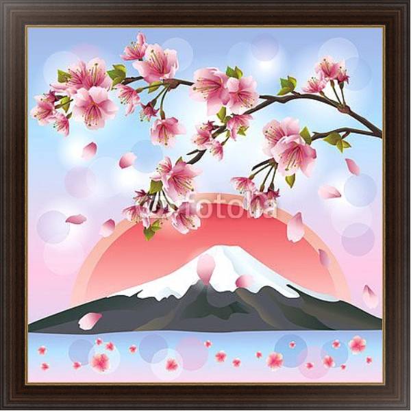 Постер Японский пейзаж с горами и сакурой с типом исполнения На холсте в раме в багетной раме 1.023.151