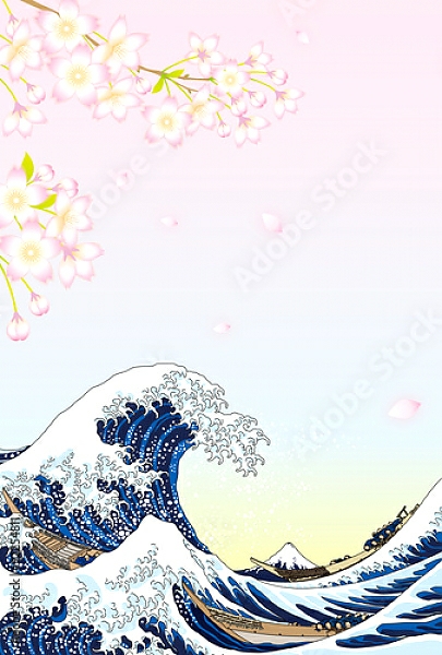 Постер Большие волны и цветы вишни с типом исполнения На холсте без рамы