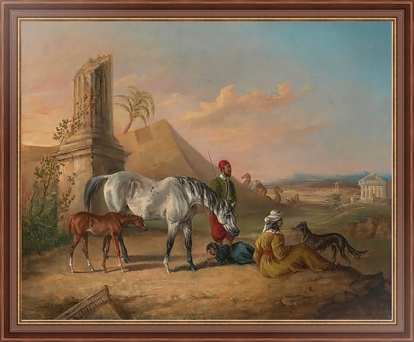 Постер Серая арабская кобыла и жеребенок с семьей с типом исполнения На холсте в раме в багетной раме 35-M719P-83