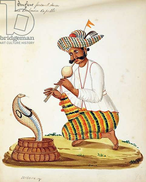 Постер An Indian Snake Charmer with a Cobra, from a French album of drawings с типом исполнения На холсте без рамы