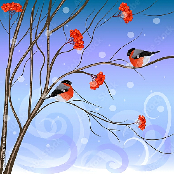 Постер Зимняя рябина со снегирями с типом исполнения На холсте без рамы