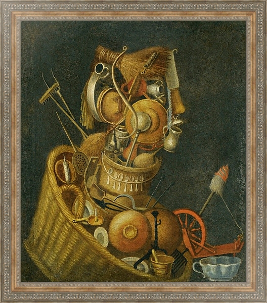 Постер An Anthropomorphic Still Life With Pots, Pans, Cutlery, A Loom And Tools с типом исполнения На холсте в раме в багетной раме 484.M48.310