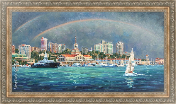 Постер Двойная радуга. Архитектурный пейзаж любимого города Сочи с типом исполнения На холсте в раме в багетной раме 484.M48.310