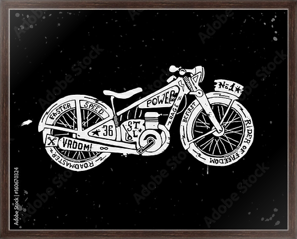 Постер Силуэт старинного мотоцикла, заполненный текстом с типом исполнения На холсте в раме в багетной раме 221-02
