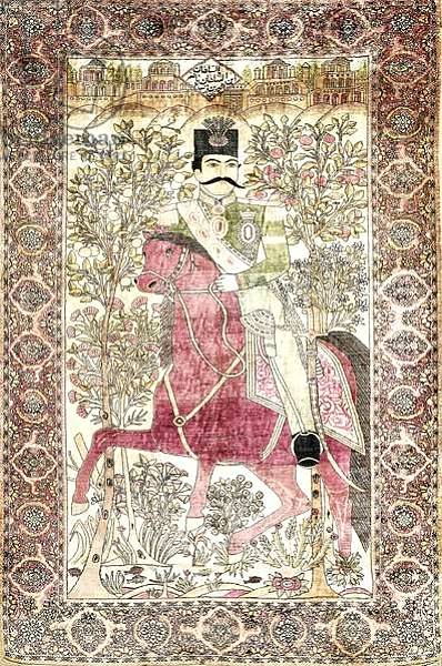 Постер An antique silk Kashan 'mochtasham' pictorial rug, depicting the mounted figure of Naser al-Din Shah, с типом исполнения На холсте без рамы