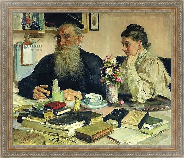 Постер Leo Tolstoy with his wife in Yasnaya Polyana, 1907 с типом исполнения На холсте в раме в багетной раме 484.M48.310
