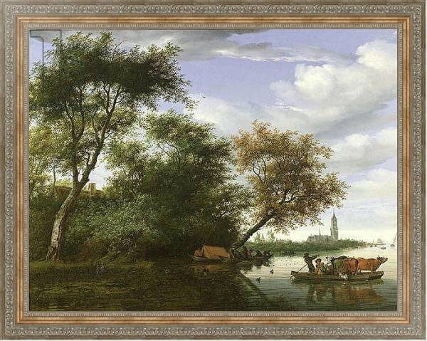 Постер Wooded river landscape with figures and cattle on a ferryboat с типом исполнения На холсте в раме в багетной раме 484.M48.310