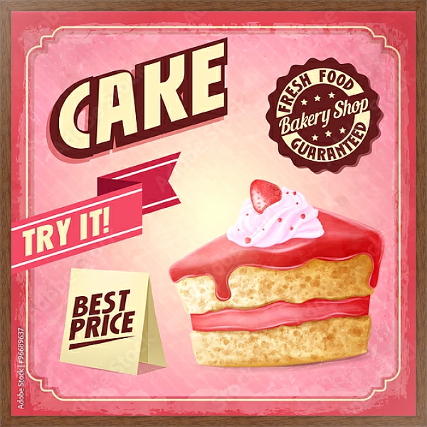 Постер Ретро плакат с кусочком клубничного торта с типом исполнения На холсте в раме в багетной раме 1727.4310