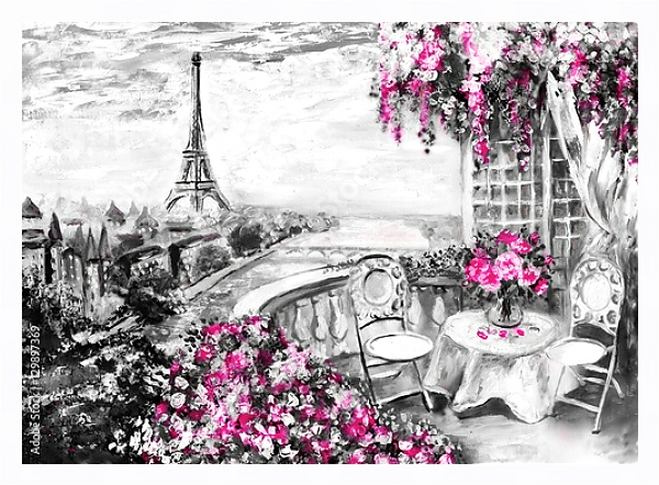 Постер Вид с балкона в розовых цветах на Эйфелеву башню с типом исполнения На холсте в раме в багетной раме 221-03