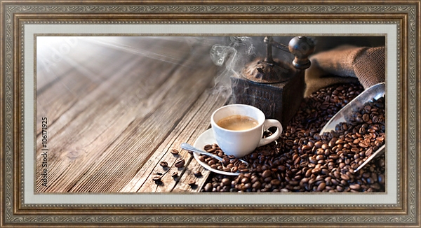 Постер Доброе утро начинается с хорошего кофе с типом исполнения На холсте в раме в багетной раме 595.M52.330