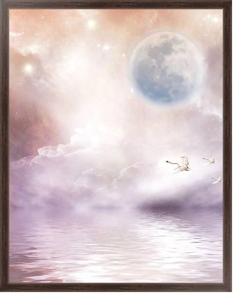 Постер Лебеди между водой и луной с типом исполнения На холсте в раме в багетной раме 221-02
