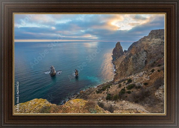 Постер Крым, Черное море. Скалы с типом исполнения На холсте в раме в багетной раме 1.023.151