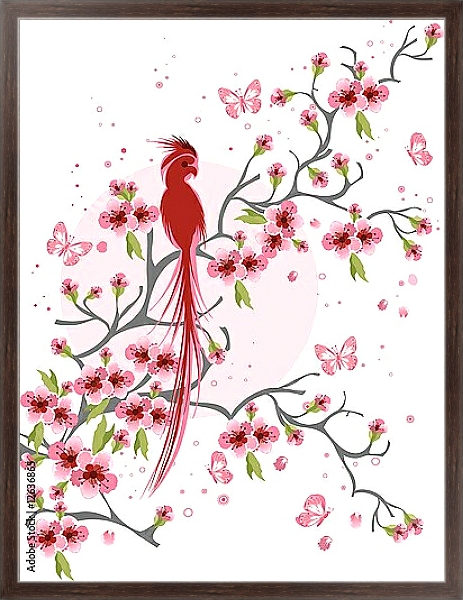 Постер Попугай на ветке цветущей вишни с типом исполнения На холсте в раме в багетной раме 221-02