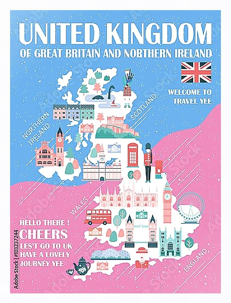 Постер Соединенное Королевство, карта путешествий 2 с типом исполнения На холсте в раме в багетной раме 221-03