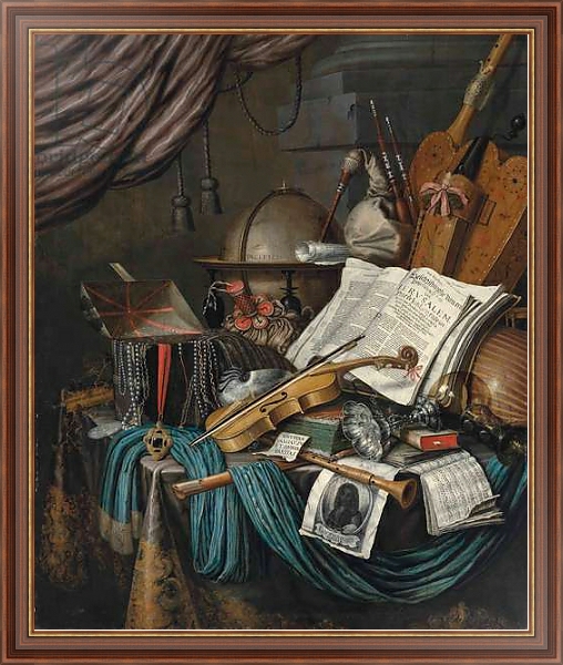 Постер A globe, a casket of jewels and medallions, books, a hurdy-gurdy, a bagpipe, a lute, a violin, an upturned silver tazza and roemer, a nautilus shell, a recorder, a shawm, a print with a self-portrait of the artist and a musical score on a draped table, a с типом исполнения На холсте в раме в багетной раме 35-M719P-83
