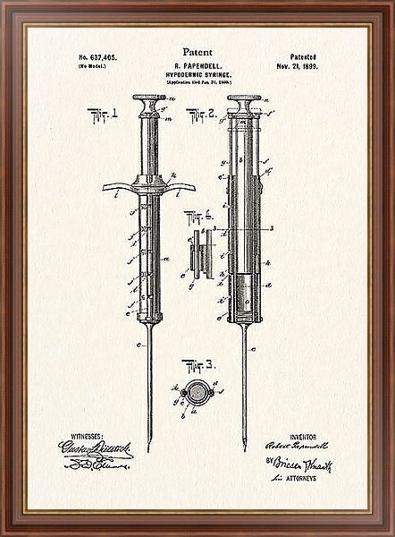 Постер Патент на шприц для подкожных инъекций, 1899г с типом исполнения На холсте в раме в багетной раме 35-M719P-83