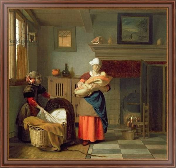 Постер Nursemaid with baby in an interior and a young girl preparing the cradle с типом исполнения На холсте в раме в багетной раме 35-M719P-83