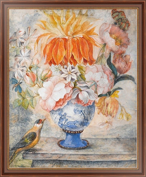 Постер Still Life Of Flowers In A Blue Decorative Vase With A Bird Perched Beside On A Ledge с типом исполнения На холсте в раме в багетной раме 35-M719P-83
