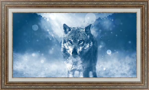 Постер Волк на фоне снежного леса с типом исполнения На холсте в раме в багетной раме 595.M52.330
