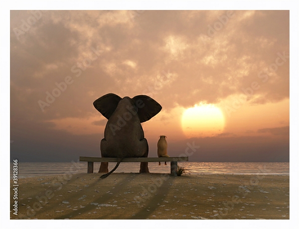 Постер Слон и собака на летнем пляже с типом исполнения На холсте в раме в багетной раме 221-03