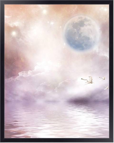 Постер Лебеди между водой и луной с типом исполнения На холсте в раме в багетной раме 221-01