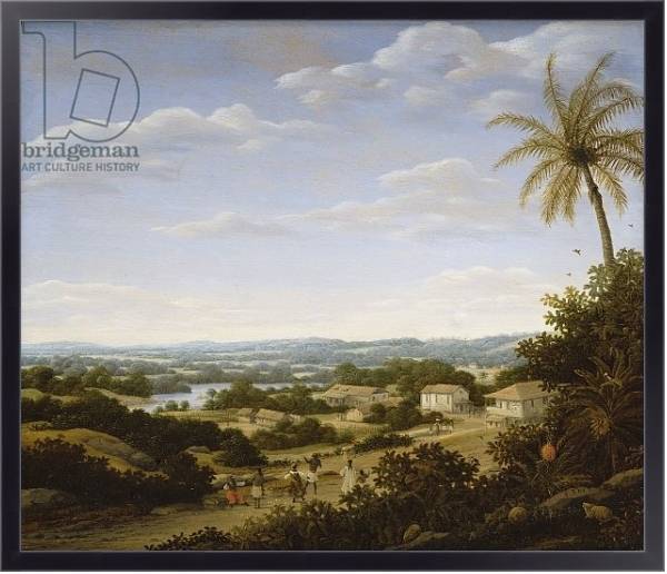 Постер Brazilian landscape with natives on a road approaching a village, 1665 с типом исполнения На холсте в раме в багетной раме 221-01