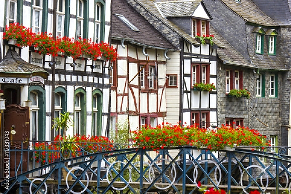 Постер Германия, Моншау. Национальные дома и мост с типом исполнения На холсте без рамы