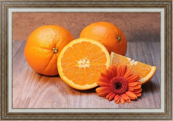 Постер Апельсины и оранжевая маргаритка с типом исполнения На холсте в раме в багетной раме 595.M52.330