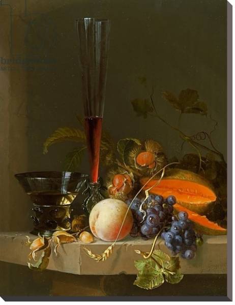 Постер Still life of fruit on a ledge with a roemer and a wine glass с типом исполнения На холсте без рамы
