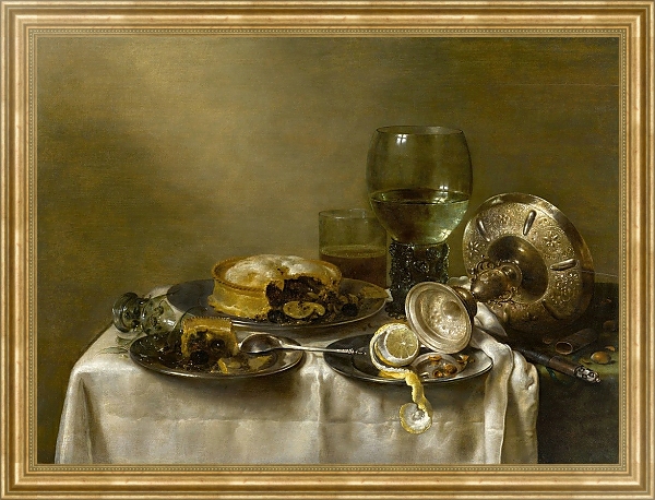 Постер A still life with an overturned silver tazza, glassware, pies and a peeled lemon on a table с типом исполнения На холсте в раме в багетной раме NA033.1.051