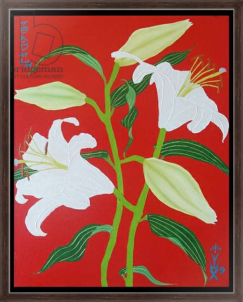Постер White lily on a red background no.1, 2008, oil on canvas с типом исполнения На холсте в раме в багетной раме 221-02