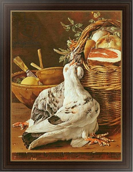 Постер Still Life with pigeons, wicker basket, ham, onions and a lemon с типом исполнения На холсте в раме в багетной раме 1.023.151
