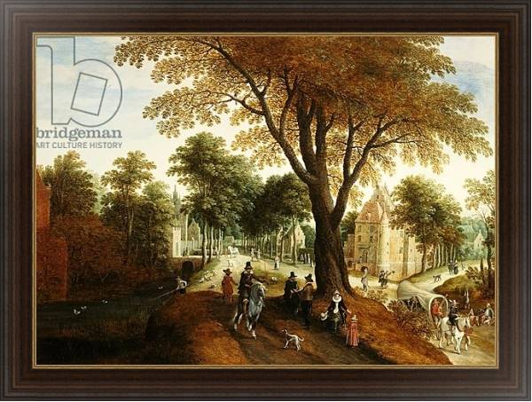 Постер Elegant Horsemen and figures on a path in front of a chateau с типом исполнения На холсте в раме в багетной раме 1.023.151