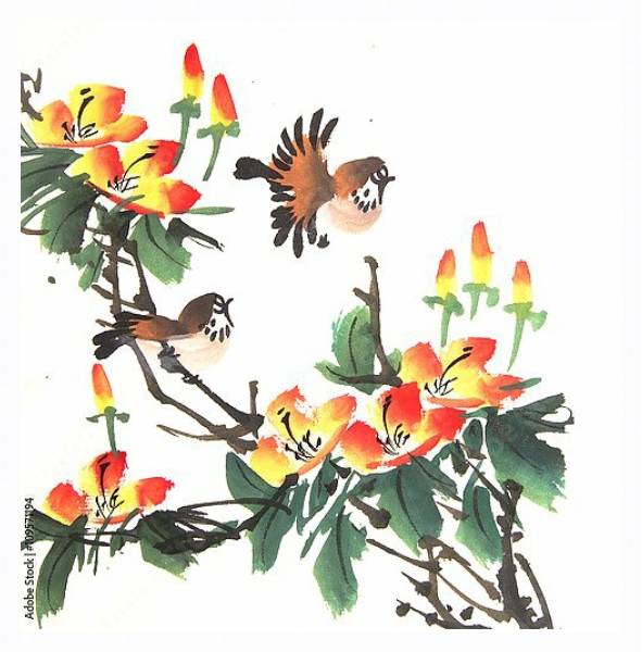 Постер Китайские птички на цветущем кусте с типом исполнения На холсте в раме в багетной раме 221-03