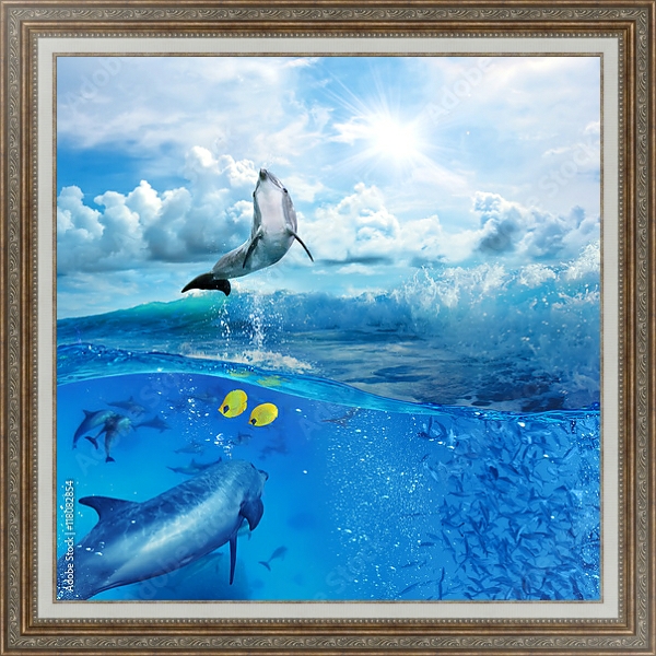 Постер Стая игривых дельфинов, плавающих под водой с типом исполнения На холсте в раме в багетной раме 595.M52.330