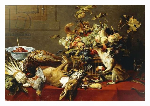 Постер A Basket of Fruit on a Draped Table with Dead Game and a Monkey, с типом исполнения На холсте в раме в багетной раме 221-03