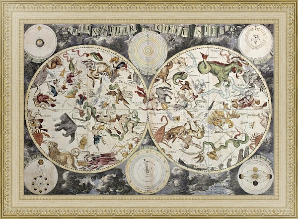 Постер Boreal and austral hemispheres with constellations and zodiac signs. Created by Frederick De Wit, Am с типом исполнения Акварель в раме в багетной раме 484.M48.725