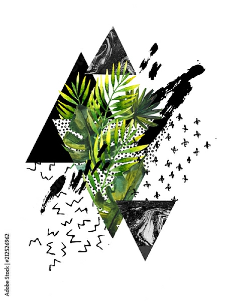 Постер Современный набор из акварельных листьев и геометрических форм с типом исполнения На холсте без рамы