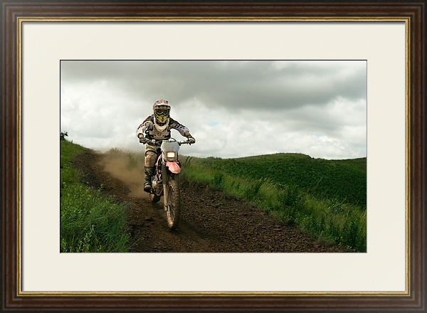 Постер Мотоциклист на грунтовой дороге в поле с типом исполнения Под стеклом в багетной раме 1.023.036