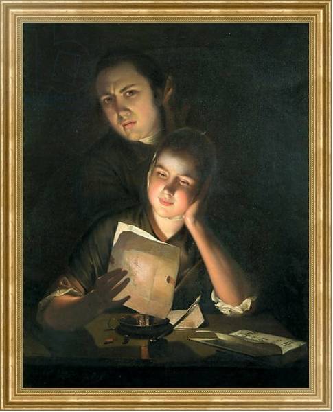 Постер A Girl reading a letter by Candlelight, with a Young Man peering over her shoulder, c.1760-2 с типом исполнения На холсте в раме в багетной раме NA033.1.051