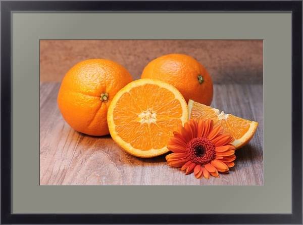 Постер Апельсины и оранжевая маргаритка с типом исполнения Под стеклом в багетной раме 221-01