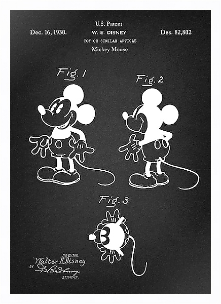 Постер Патент на героя Mickey Mouse, Disney, 1930г с типом исполнения На холсте в раме в багетной раме 221-03